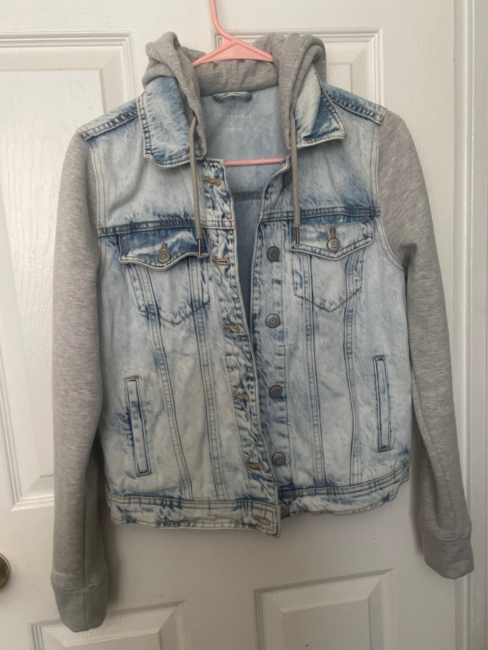 (SOLD)Aeropostale Light Wash Denim Jacket with Gray Hoodie & Sleeves